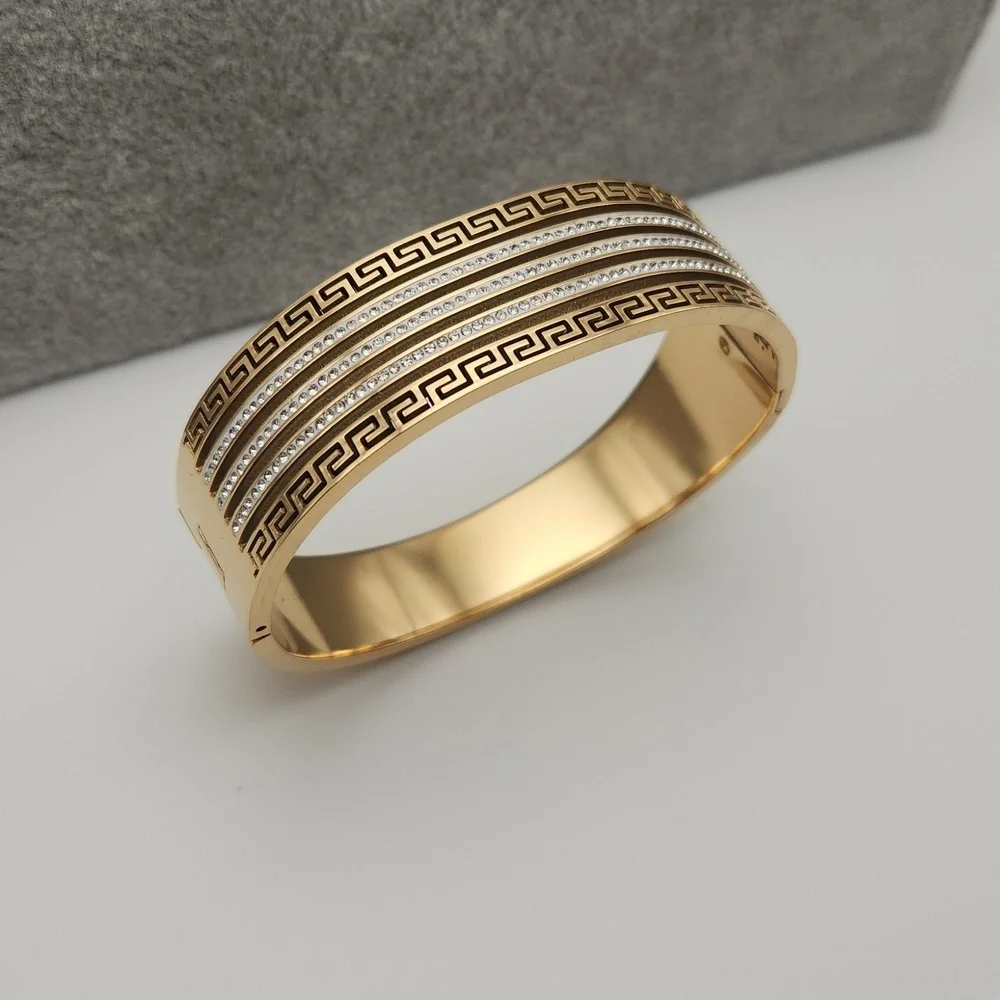 Elegant Gold-Tone Greek Key Bangle Bracelet with Crystal Accents - Picture 3 of 7